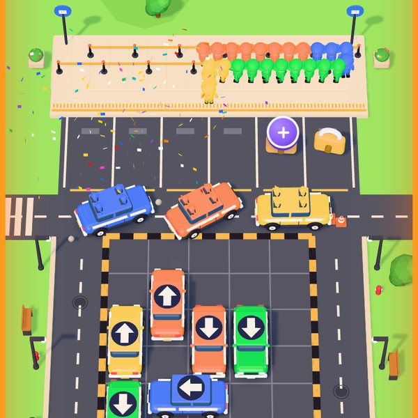 A Rush Hour level with a sunset sky and a hazard-stripe border