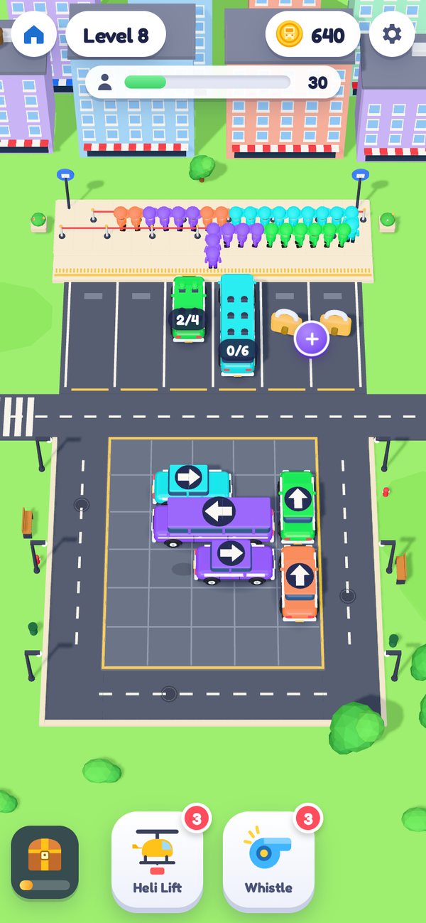 A Rush Party level in Sunny Downtown, with a van and a bus at the stops